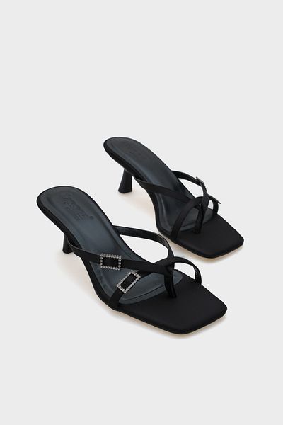 Capone Outfitters Milena Blunt Toe Medium Heeled Double Stone Buckle Satin Women's Slippers