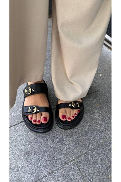 cevaplus Double Banded Gold Buckle Soft Molded Slippers Black
