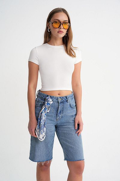 Mixray 2011 Γυναικείο T-Shirt Slim Fit Basic Crop Λευκό