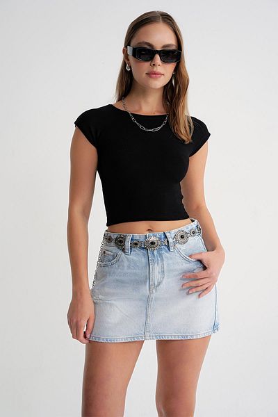 Mixray 2009 Women's Body Fitted Basic Crop T-Shirt Black