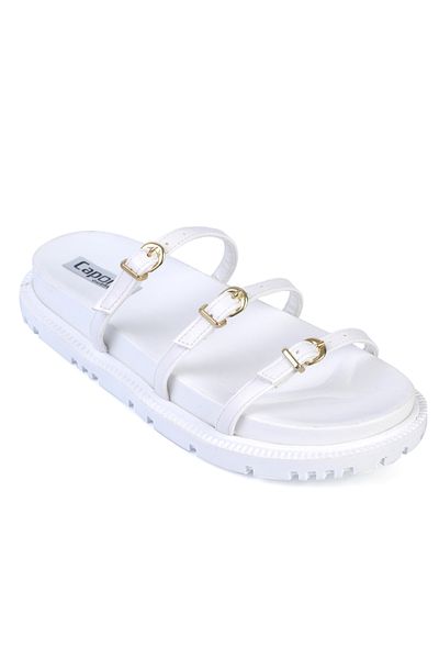 Capone Outfitters Damen-Hausschuhe mit runder Zehenpartie und drei Streifen und Schnalle