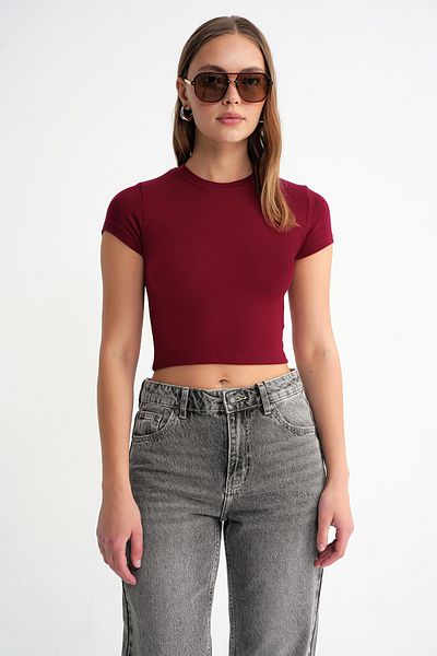 Mixray 2011 Women's Slim Fit Basic Crop T-Shirt Claret Red