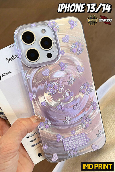 EWEC iPhone 13/14 Uyumlu Mor Çiçek ve Kalpli Purple Garden Hologramlı IMD Pre...