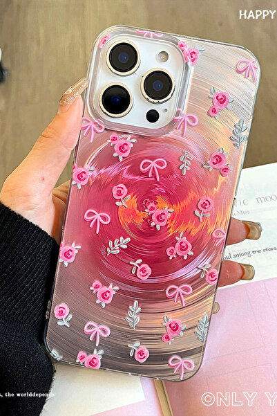 EWEC İphone 11 Uyumlu Pembe Gül Ve Fiyonk Temalı Hologramlı Ins Style Imd Premium Telefon Kılıfı