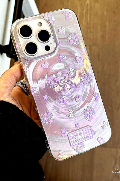 EWEC iPhone 13/14 Uyumlu Mor Çiçek ve Kalpli Purple Garden Hologramlı IMD Premium Telefon Kılıfı
