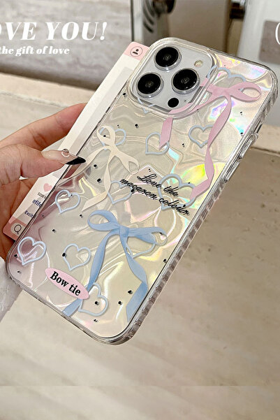 EWEC iPhone 13/14 Uyumlu Renkli Fiyonk ve Kalp Temalı Hologram Ins Style IMD Premium Telefon Kılıfı