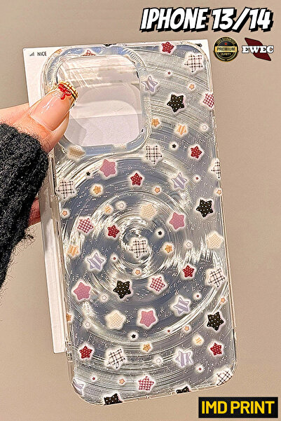 EWEC iPhone 13/14 Uyumlu Ekoseli ve Puantiyeli Yıldız Temalı Hologramlı IMD P...