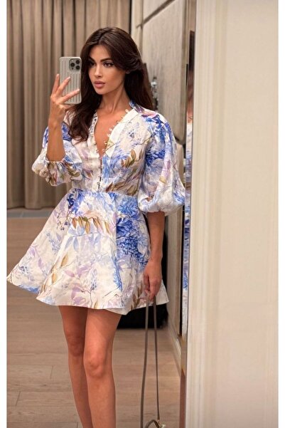 Butik Şenel Mini Baskılı Brit Düğmeli Keten Elbise
