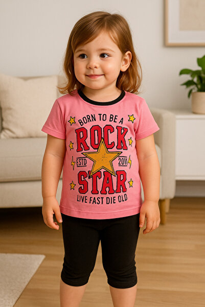 Masal Dünyası Bursa طقم لباس ضيق للفتيات مكتوب عليه Rock Star 2-5 سنوات بلونين
