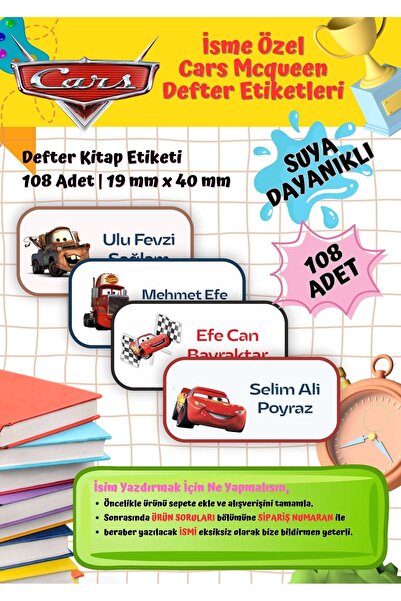Ceres Studio Cars Mcqueen Etiketi Defter Etiketi Kitap Etiketi Kişiye Özel Su...