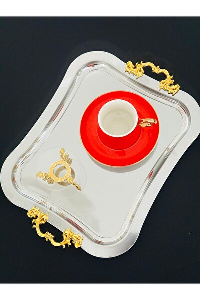 Melinda home Stainless Steel Rectangular Removable Handle Detailed Tea, Coffee, Treat Serving Presentation Tray (21X26Cm)