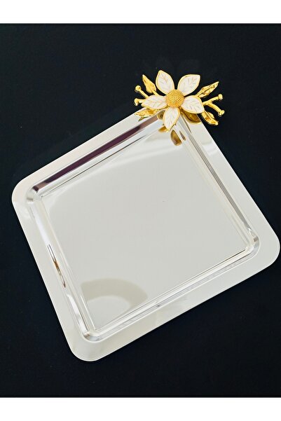 Melinda home Stainless Steel Square Daisy Accessory Detailed Tea, Coffee, Treat Serving Presentation Tray 21X21