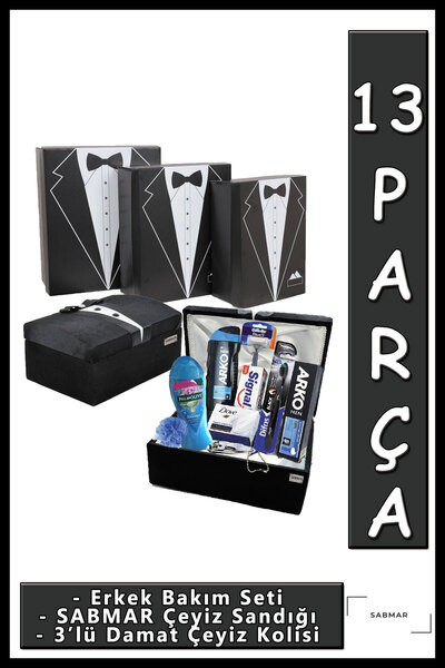 Arko Men Erkek Nişan Bohça Seti Damat Bohça Çeyiz Sandık Set + 3'lü Mukavva Ç...