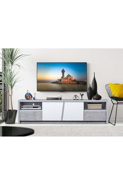 Generic Rectangular TV Table 160 cm with Various Drawers in Gray and White