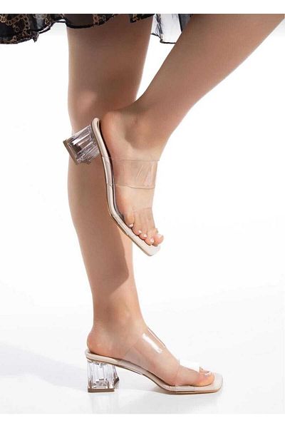 ŞAWURO Women's Skin Transparent Banded Heeled Slippers