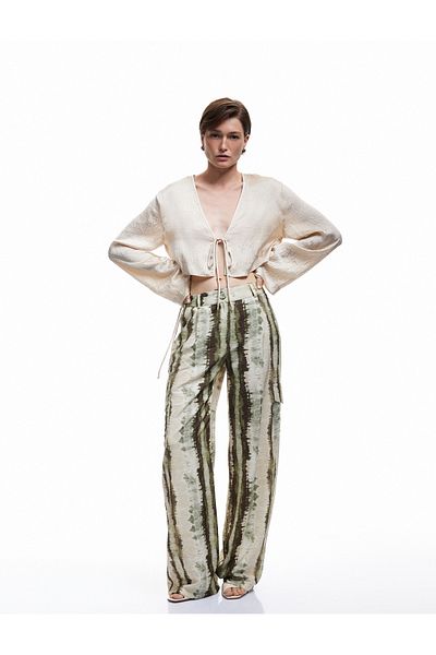 Koton Tie-Up Bow Detail V Neck Gathered Long Sleeve Satin Crop Blouse