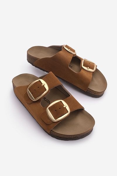 Marjin Women's Genuine Leather Daily Slippers Double Banded Slippers Eva Sole Poly Tan