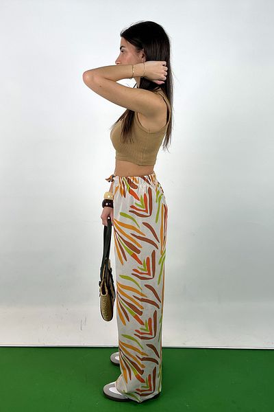 Love The Wind Orange Patterned Cotton-Linen Flowy Palazzo Pants
