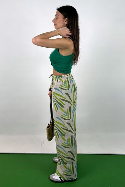 Love The Wind Pistachio Green Patterned Cotton-Linen Flowy Palazzo Pants