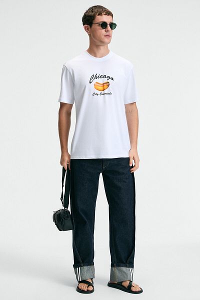 GRIMELANGE Crisp Men's Oversize 100% Cotton Printed Round Neck White T-Shirt