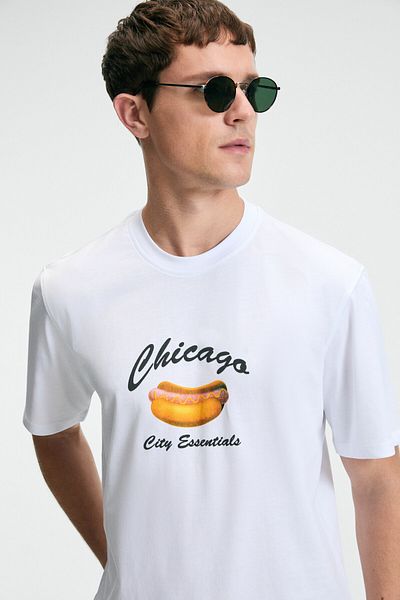 GRIMELANGE Crisp Men's Oversize 100% Cotton Printed Round Neck White T-Shirt