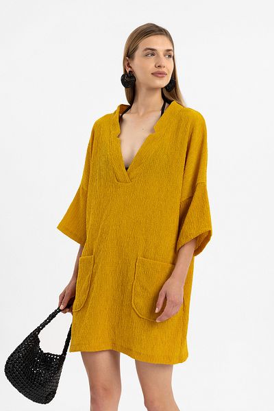 Deriderim Yellow V-neck Bag Pocket Short Sleeve Loose Cut Cotton Beach Dress