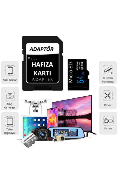 SONREİR 64 GB 100mb/s Class 10 Hızlı Micro SD Hafıza Kartı +Adaptör Telefon Kamera 4K Bellek Samsung Uyumlu