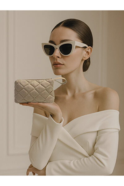 Elory Grace Бежова дамска чантичка за грим с капитониран десен - за пътуване, с цип, специален органайзер от ленен плат