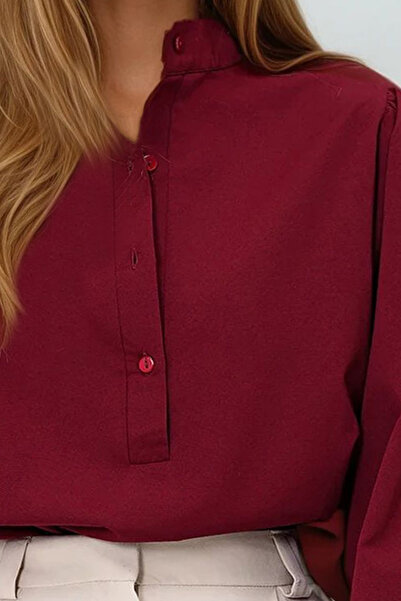 VAGGON Női bordó bíró gallér gombbal az elején, léggömb ujjú poplin szőtt blúz Prm0577