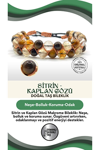 OSMANLI DEĞERLİ TAŞ Sitrin - Kaplan Gözü Doğal Taş Makrome Bileklik Çift Taşl...