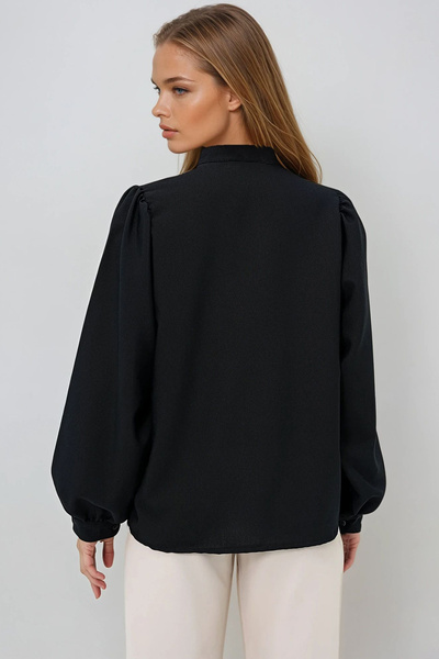 VAGGON Kadın Siyah Hakim Yaka Yarım Pat Balon Kol Poplin Dokuma Gömlek Prm0577