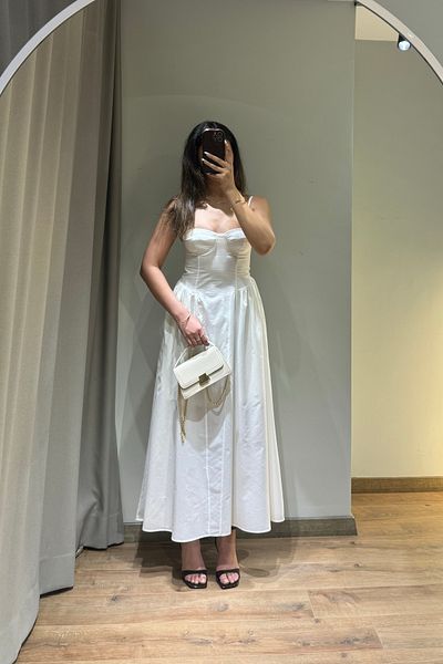 Güneş White Strap Midi Dress with Corsage Detail |   Summer Stylish Dress