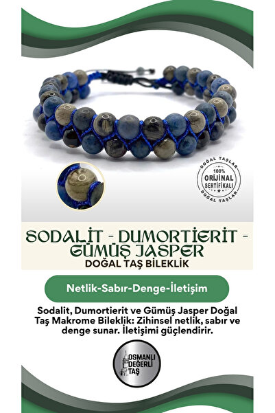 OSMANLI DEĞERLİ TAŞ Sodalit - Dumortierit - Gümüş Jasper Doğal Taş Makrome Çi...