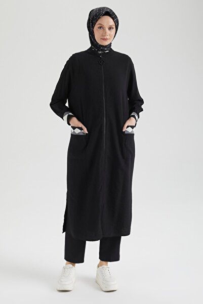 Armine Trend Strawberry Fabric Sleeves Ribbed Full Length Zippered Pocket Tunic-Black 25Yt423