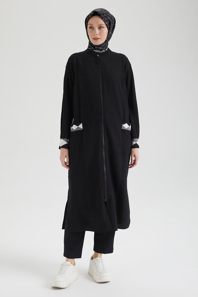 Armine Trend Strawberry Fabric Sleeves Ribbed Full Length Zippered Pocket Tunic-Black 25Yt423