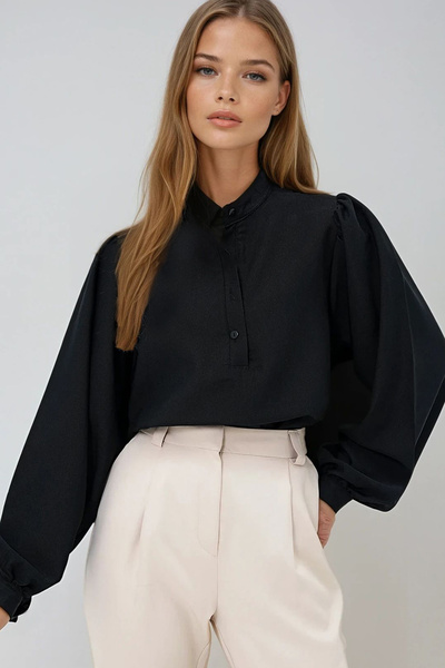 VAGGON Kadın Siyah Hakim Yaka Yarım Pat Balon Kol Poplin Dokuma Gömlek Prm0577