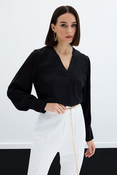 Sateen Black Satin V-Neck Blouse