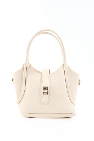 SHAKA Cream Shk187 Faux Leather Lock Detailed Adjustable Strap Hand, Arm and Shoulder Bag
