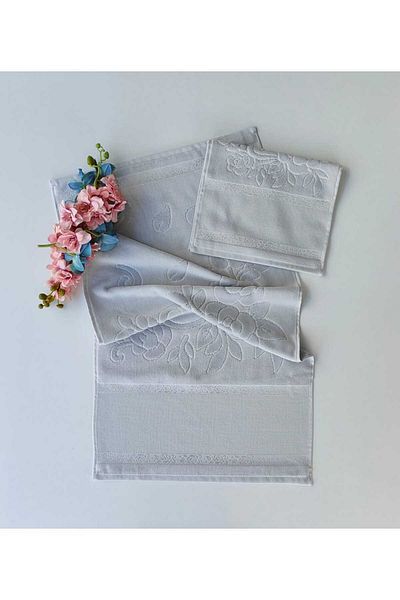 sarra Σετ πετσετών 2 τεμαχίων Etamine ραμμένο (30X50-50X90 CM) - γκρι