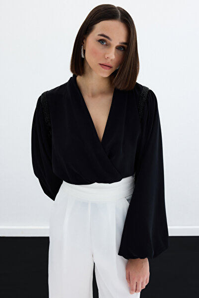 Sateen Aksesuar Detaylı Bodysuit Bluz - SİYAH