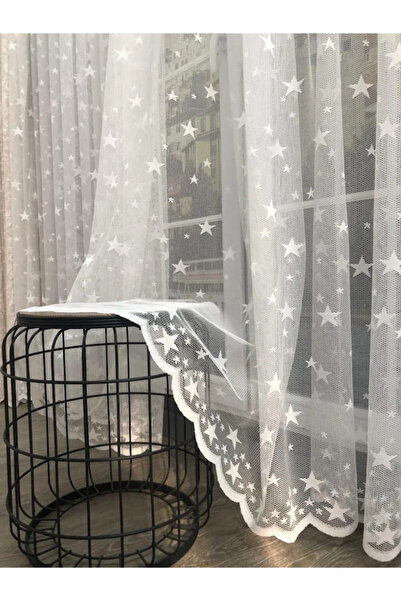 Perde Pendik Star Pattern White Tulle Curtain - Regular Pleated Planting