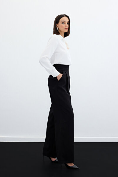 Sateen Bel Detaylı Cepli Pantolon - Siyah