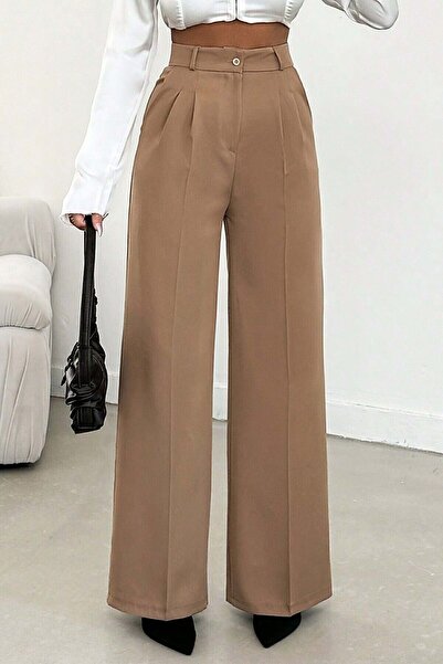 Fovere Kadın Sütlü Kahve Yüksek Bel Pileli Palazzo Pantolon