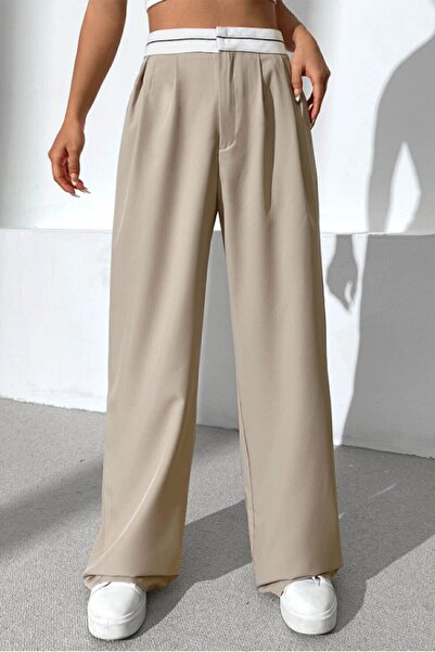 Fovere Pantaloni Palazzo de damă, bej, cu talie