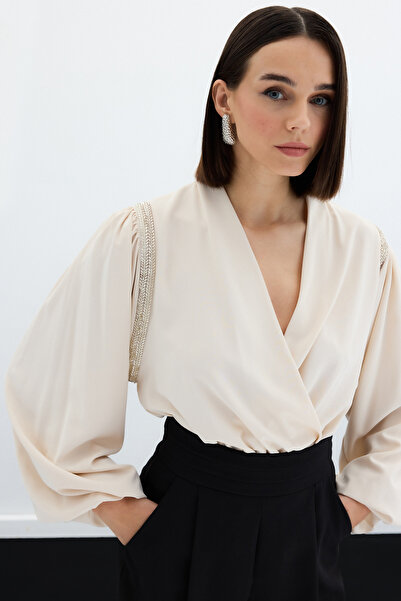 Sateen Bluză Body cu Accesorii Detaliată - Bej