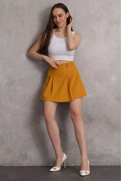 Fovere Kadın Hardal Atlas Kumaş Kemer Köprülü Pileli Şort Etek