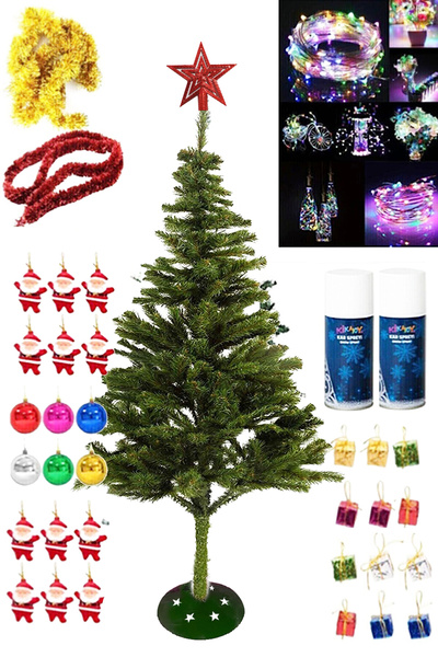 Parti dolabı 150 Cm Yılbaşı Çam Ağaç Seti 10 Metre Pilli Rgb Ledli Işık Tepe Yıldızı 33 Parça Süs, 2 Kar Spreyi