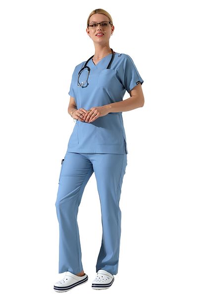 BEDUCA زي موحد للممرضات من الليكرا باللون الأزرق الفاتح من Dr Greys برقبة على شكل حرف V وأكمام الخفاش، ملابس نسائية كبيرة الحجم