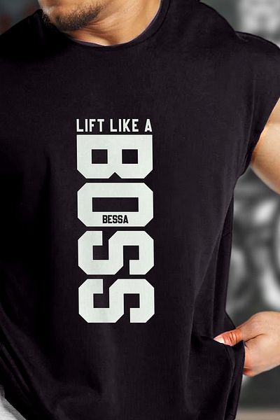 BESSA تي شيرت/قميص رجالي من القطن بدون أكمام برقبة دائرية ومقاس كبير باللون الأسود مطبوع عليه Lift