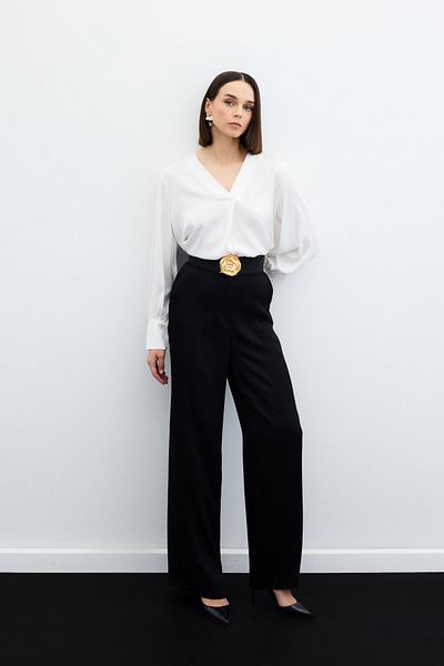 Sateen V-Neck Satin Blouse - Ecru